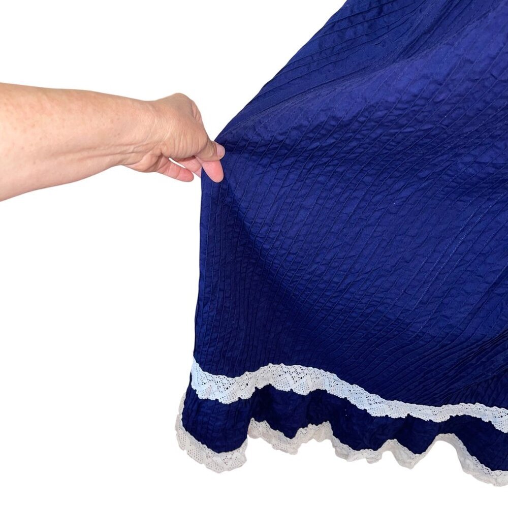 Vintage Womens Dress Size Small Blue Mexican Sleeve Crochet Lace Pintuck Cotton - Picture 12 of 14